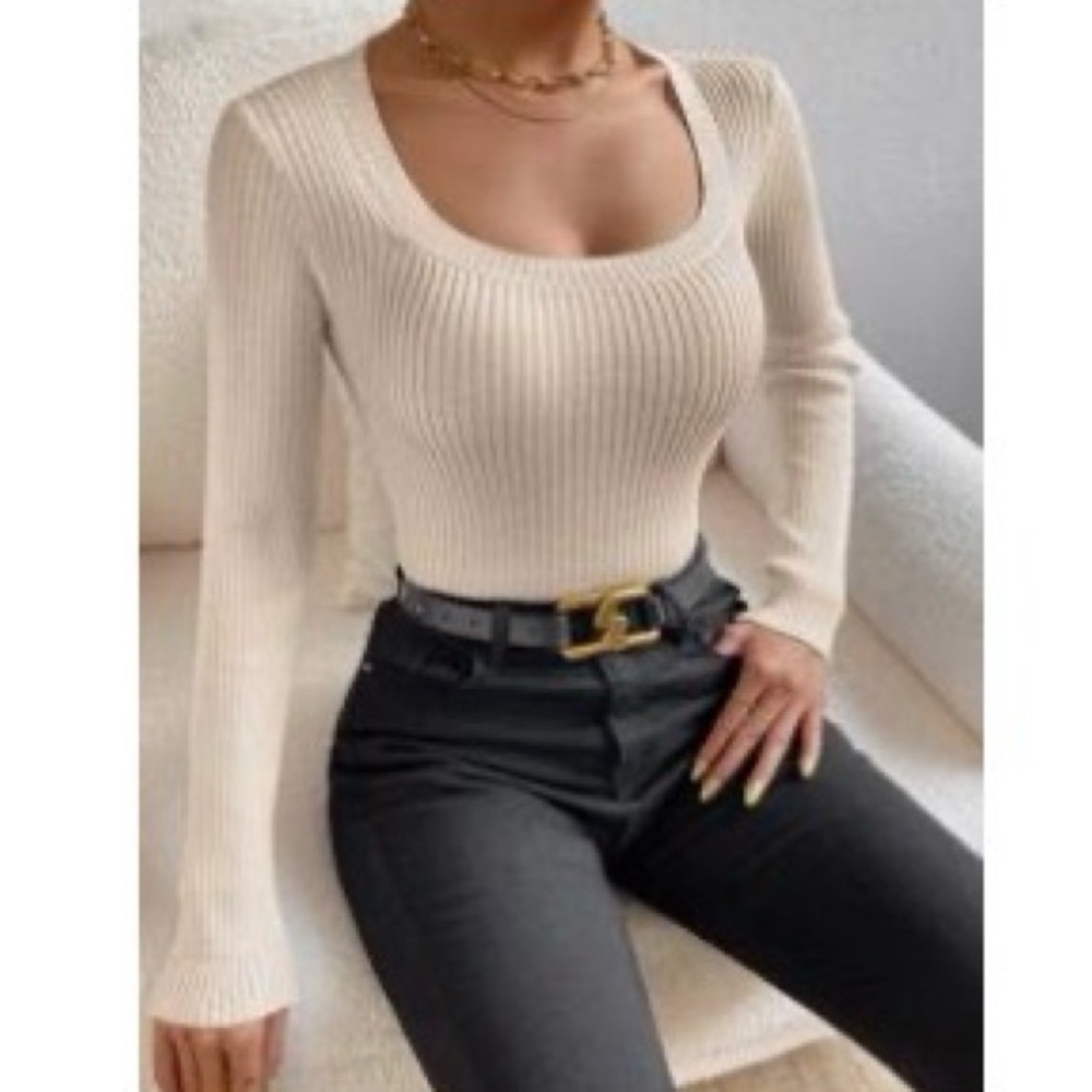 Cream Ribbed Crew Neck Sweater